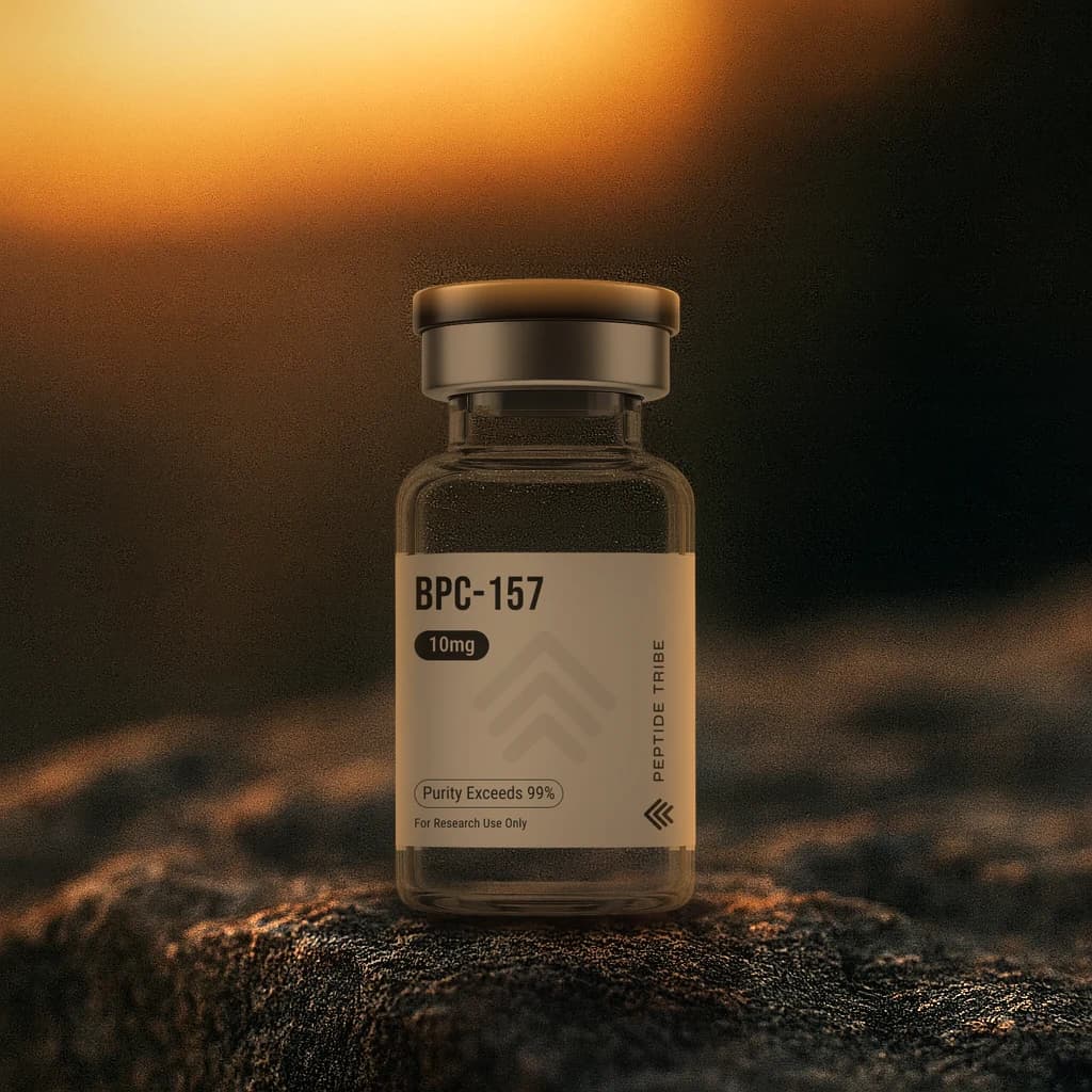 Peptide Tribe BPC-157 research vial at golden hour